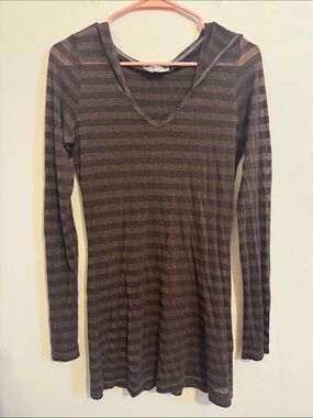 Hard Tail Brown Metallic-Striped Long Sleeve Hooded Tee